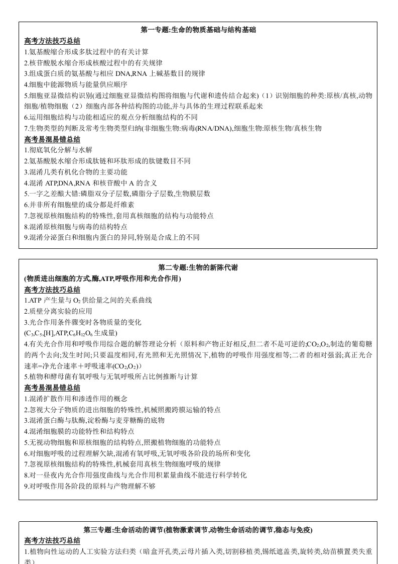 高三生物复习高考方法技巧与易混易错总结