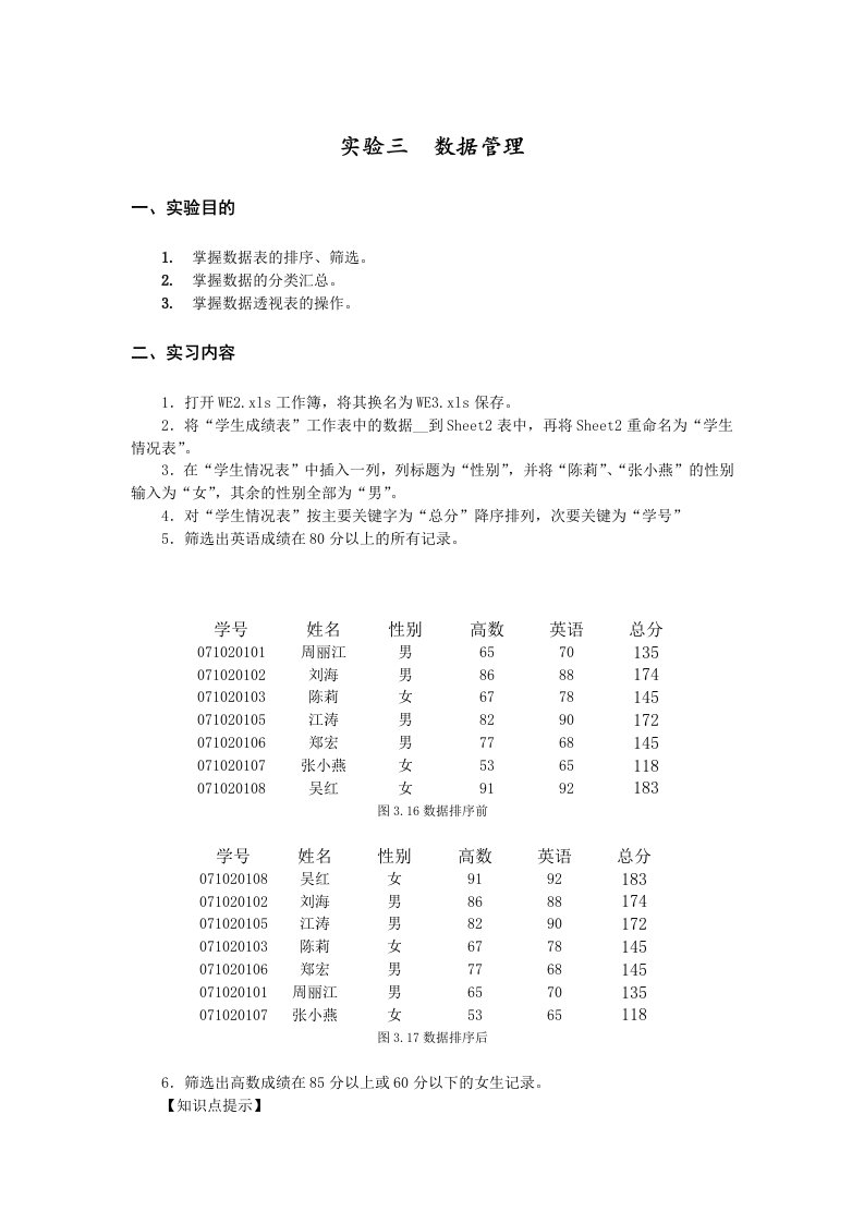 电子表格软件操作实验三数据管理