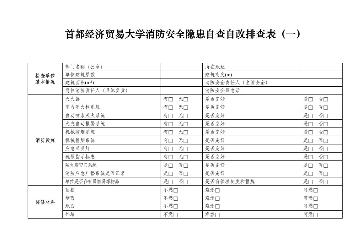 消防安全隐患自查自改排查表