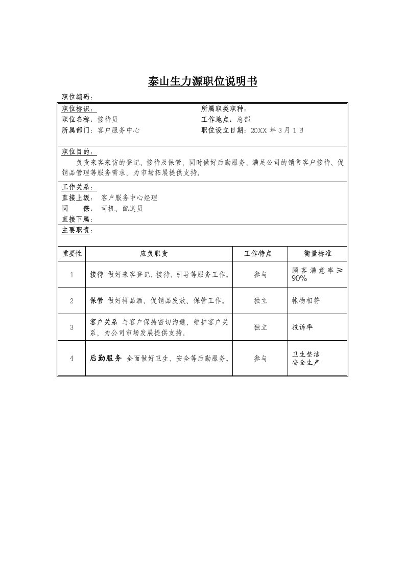 推荐-泰山生力源公司客户服务中心接待员职位说明书