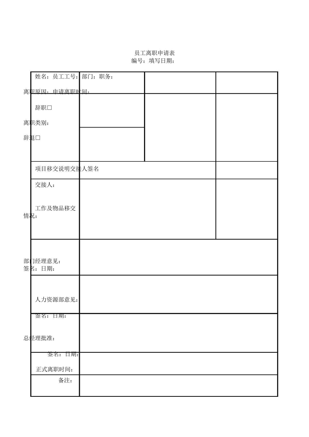 员工离职申请表格模版