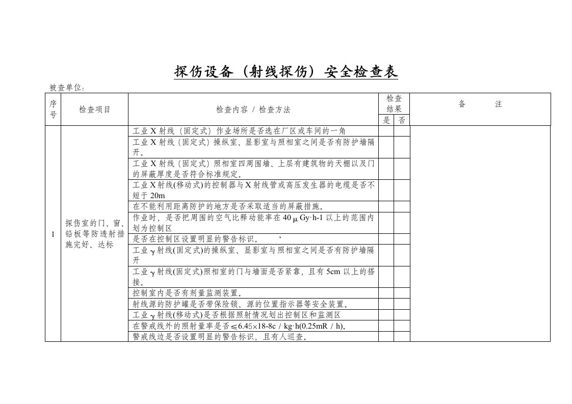 探伤设备（射线探伤）安全检查表