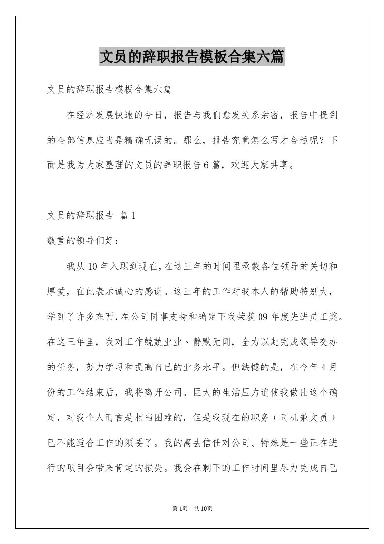 文员的辞职报告模板合集六篇