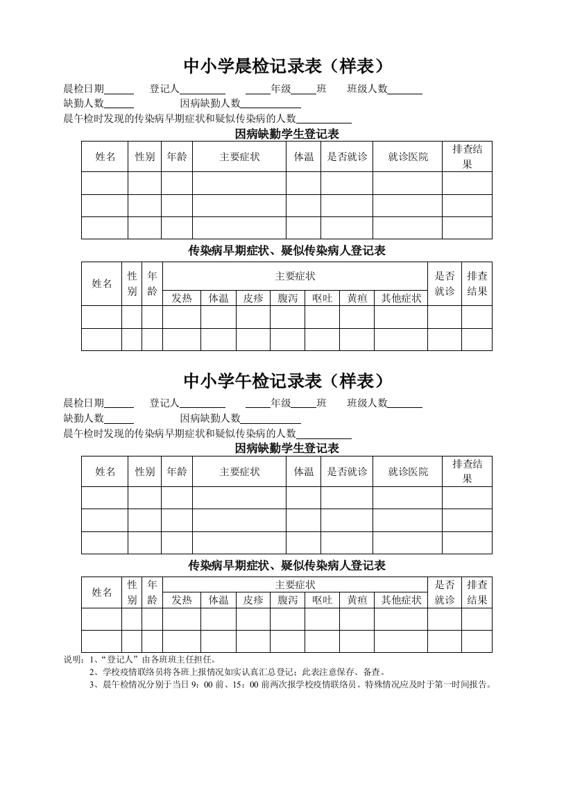 (完整版)中小学晨检记录表(样表)