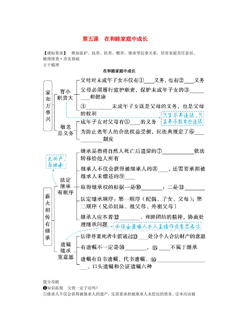 2024版新教材高考政治全程一轮总复习选择性必修2第二单元家庭与婚姻第五课在和睦家庭中成长学生用书