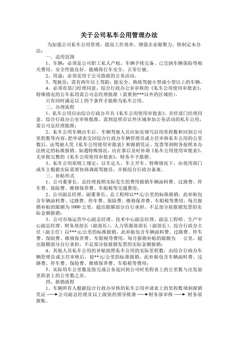 关于公司私车公用管理办法1