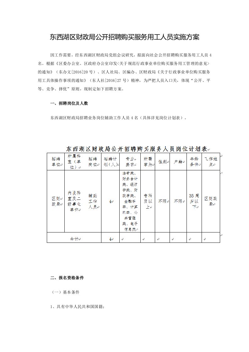 东西湖区财政局开招聘购买服务用工人员实施方案