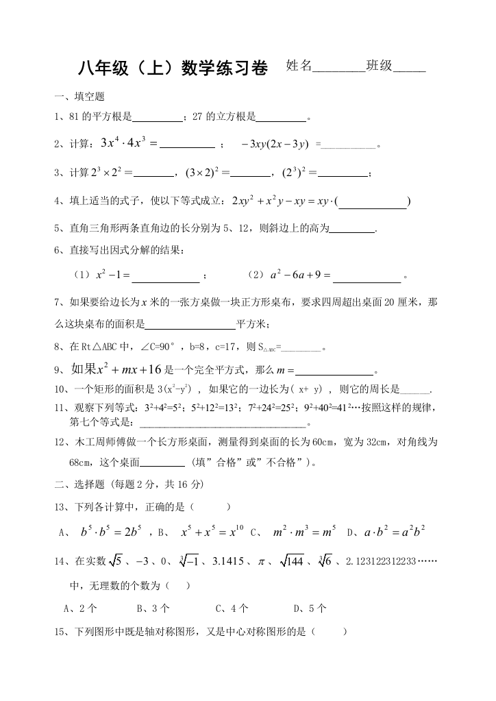 【小学中学教育精选】八年级（上）数学练习卷