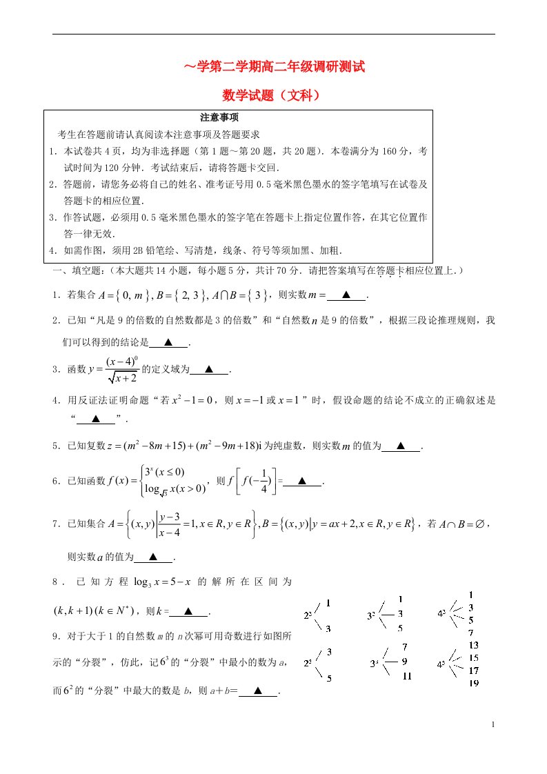 江苏省沭阳县高二数学下学期期中调研测试试题