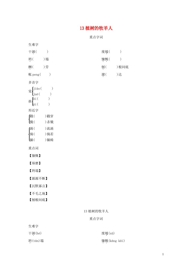 2021秋七年级语文上册第四单元13植树的牧羊人背记手册新人教版