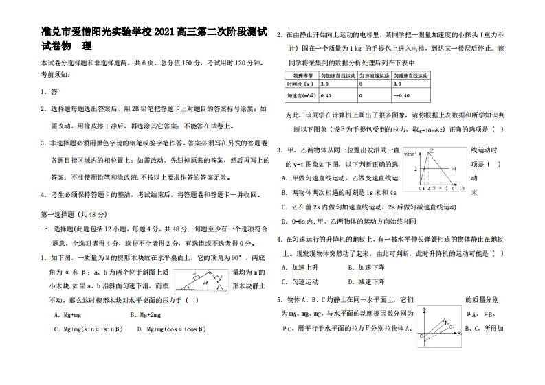 高三物理第二次阶段测试试卷