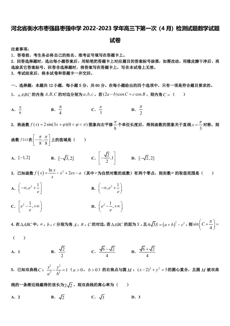 河北省衡水市枣强县枣强中学2022-2023学年高三下第一次（4月）检测试题数学试题试卷