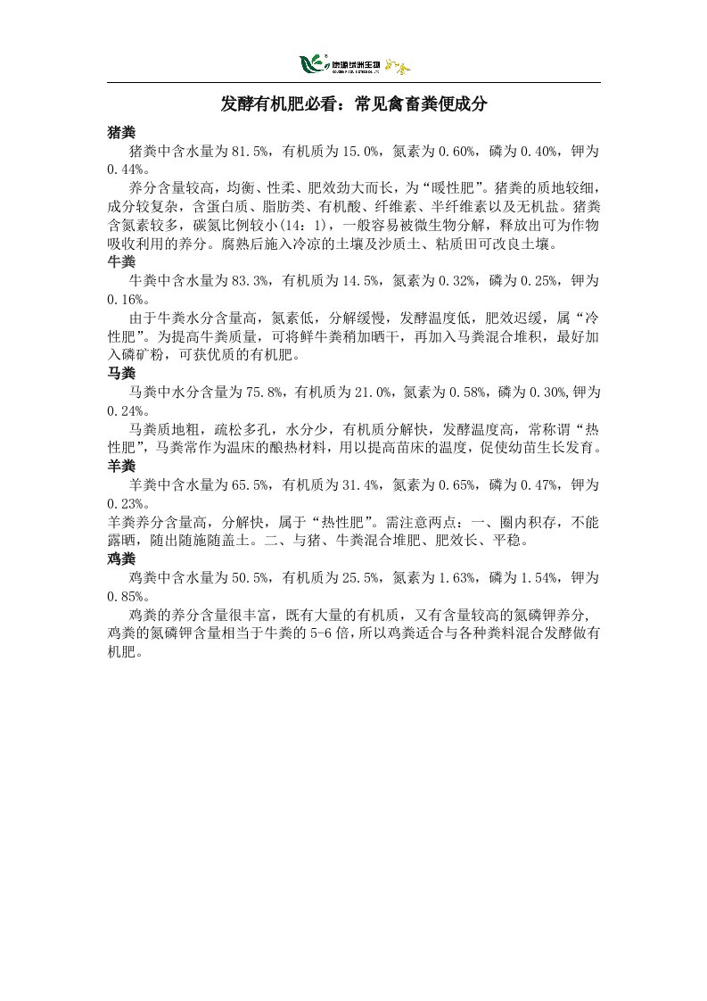 发酵有机肥必看：常见禽畜粪便成分