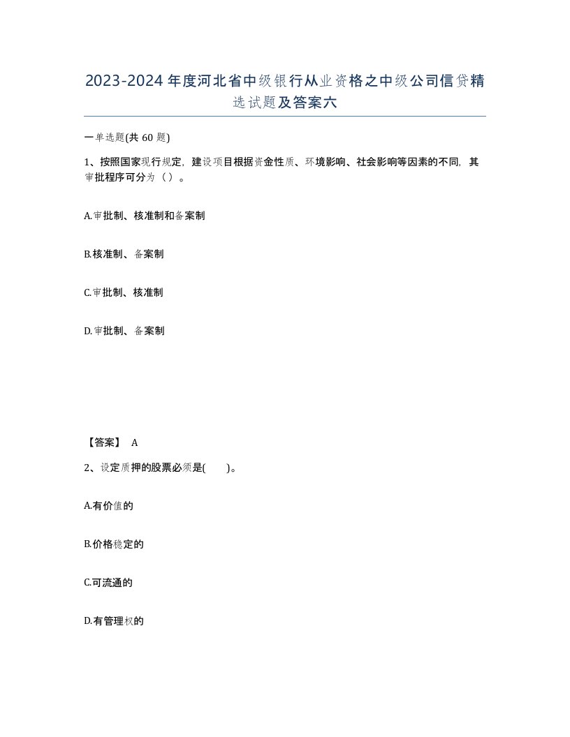 2023-2024年度河北省中级银行从业资格之中级公司信贷试题及答案六