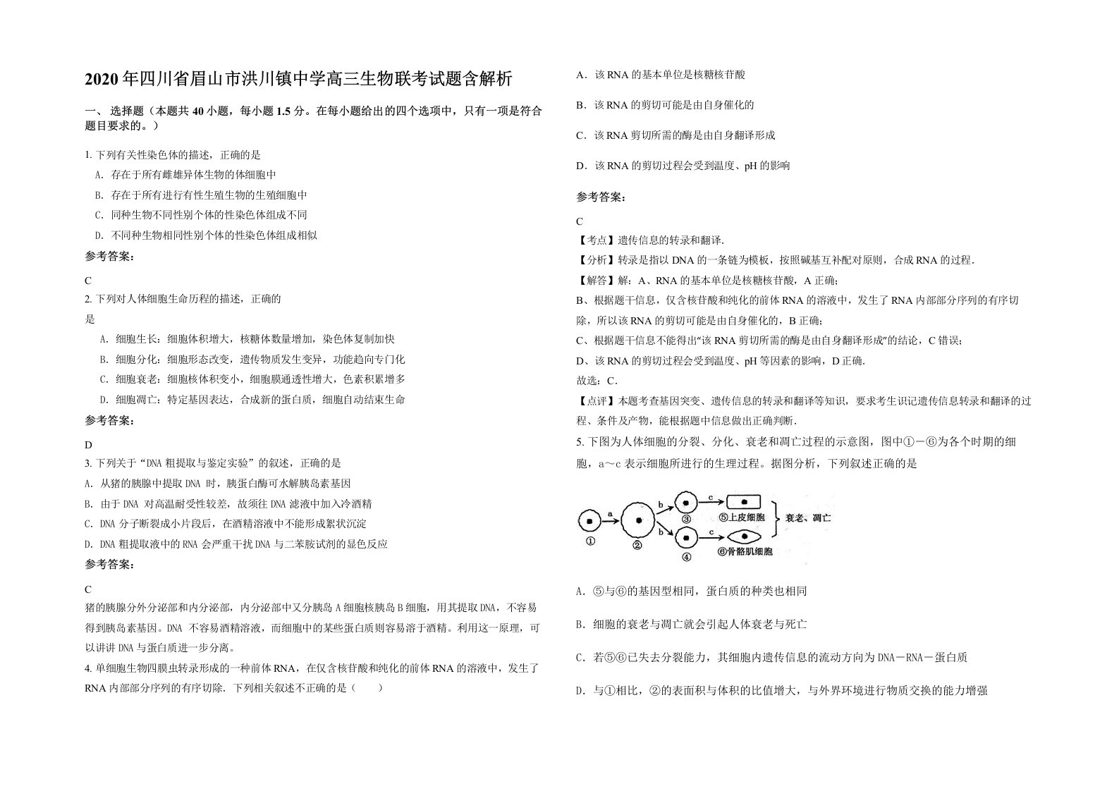 2020年四川省眉山市洪川镇中学高三生物联考试题含解析