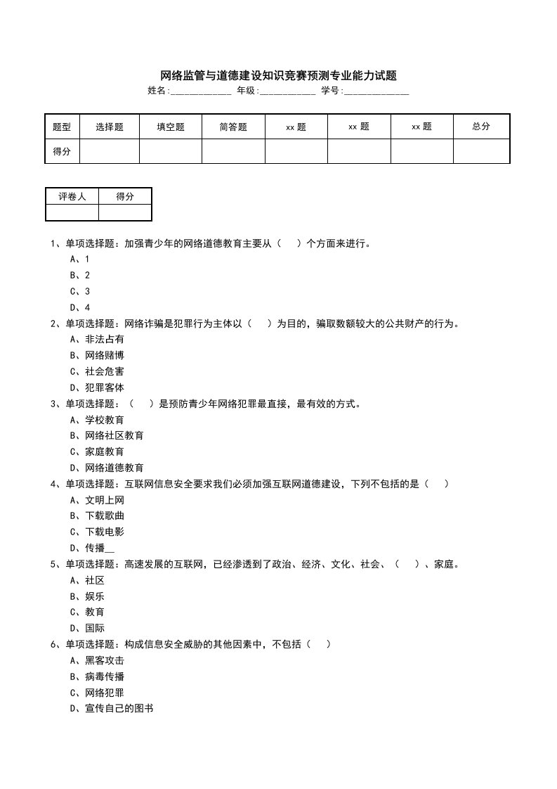 网络监管与道德建设知识竞赛预测专业能力试题