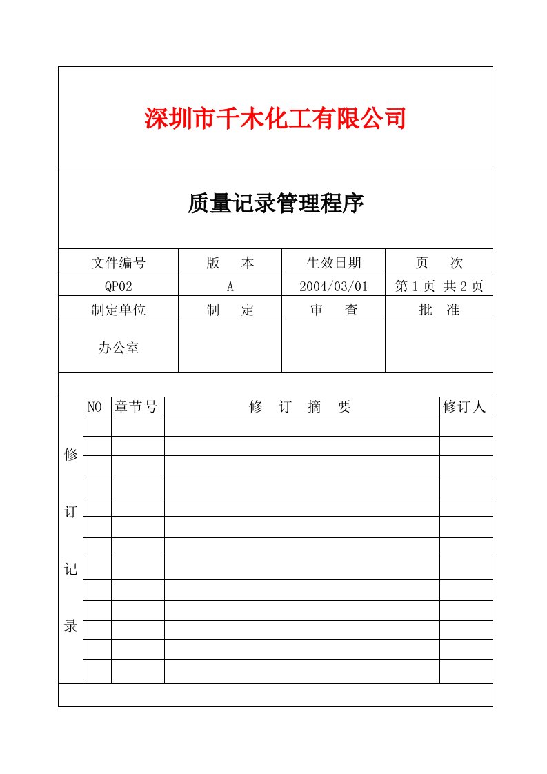 深圳市某化工公司质量记录管理程序