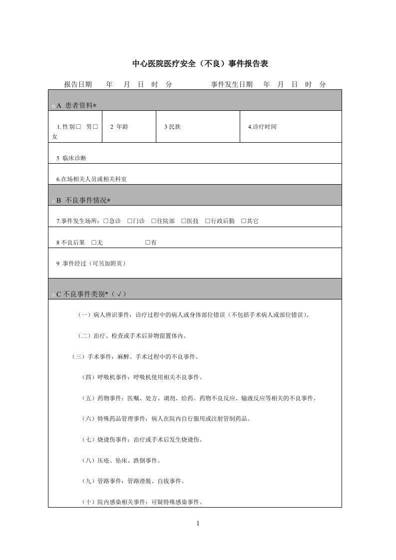 医疗安全不良事件报告表