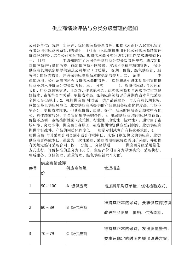 企业管理-18供应商绩效评估与分类分级管理的通知