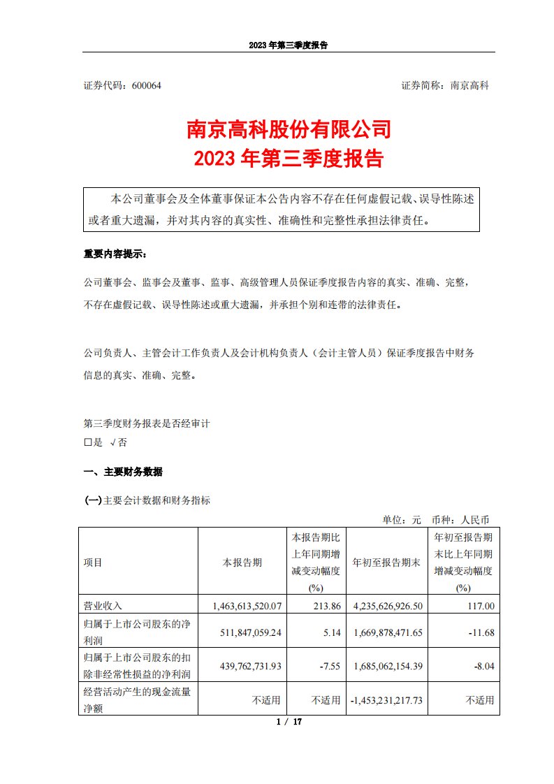 上交所-南京高科2023年第三季度报告-20231030