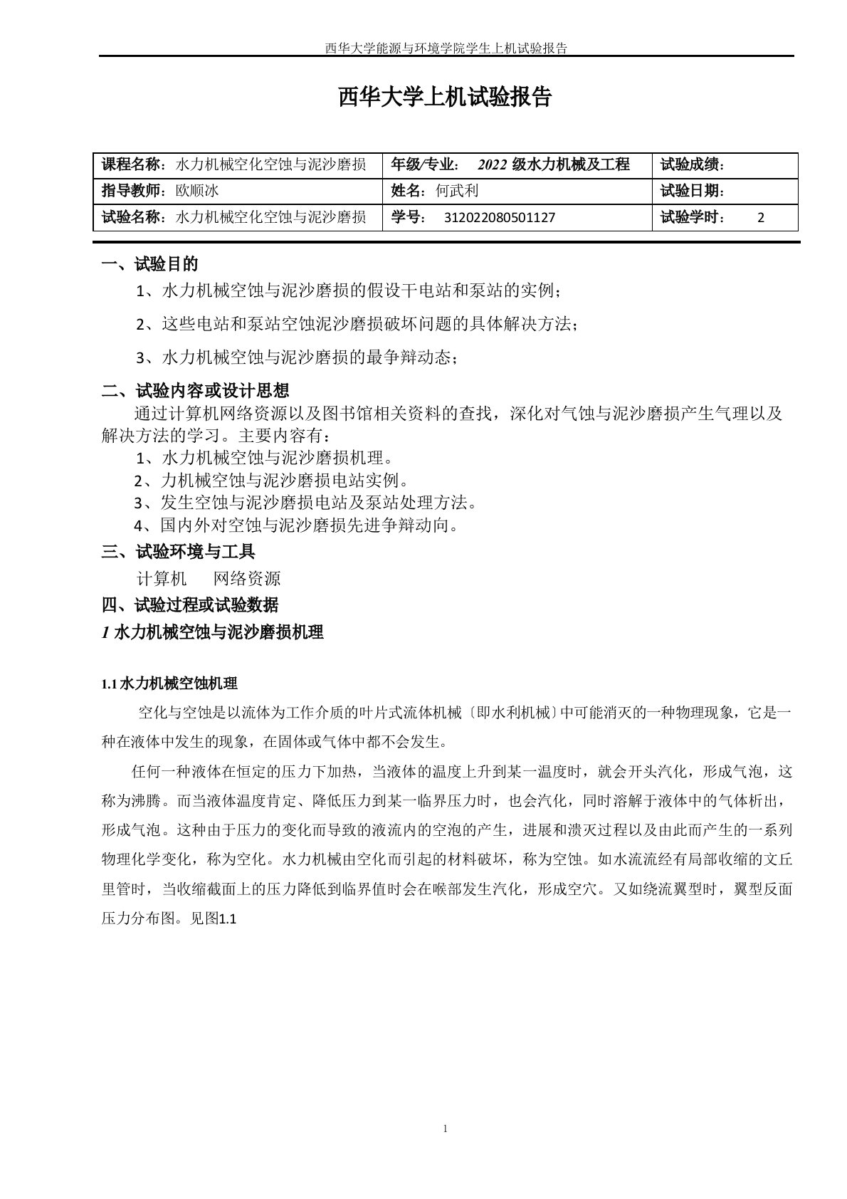 泥沙磨损实验报告(模版)