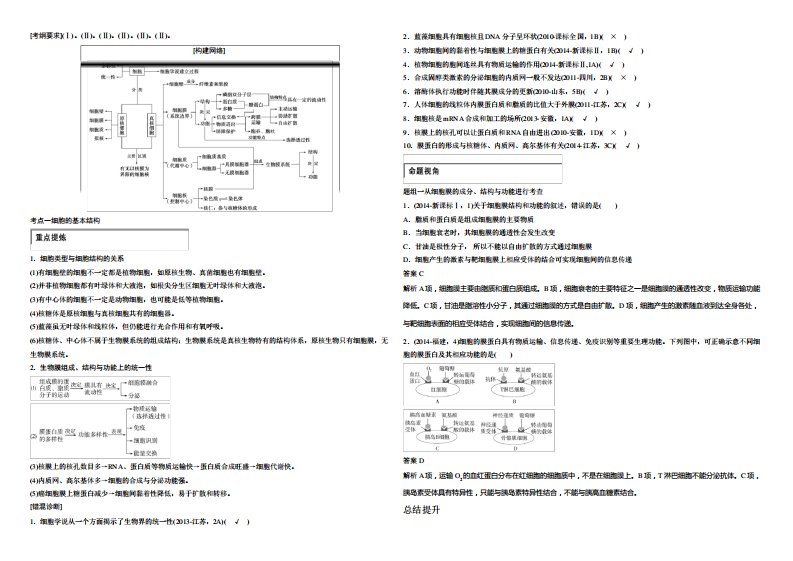 步步高高考生物二轮讲义专题细胞的基本结构与物质出入细胞的方式