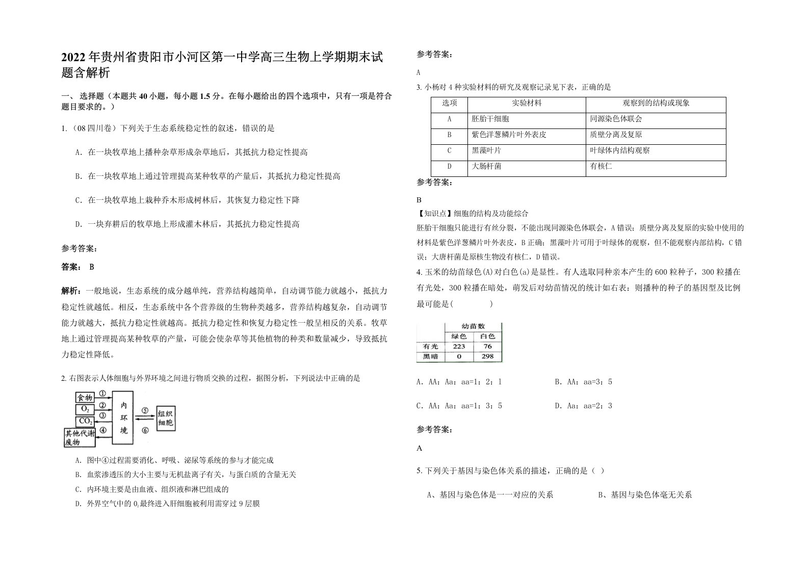 2022年贵州省贵阳市小河区第一中学高三生物上学期期末试题含解析