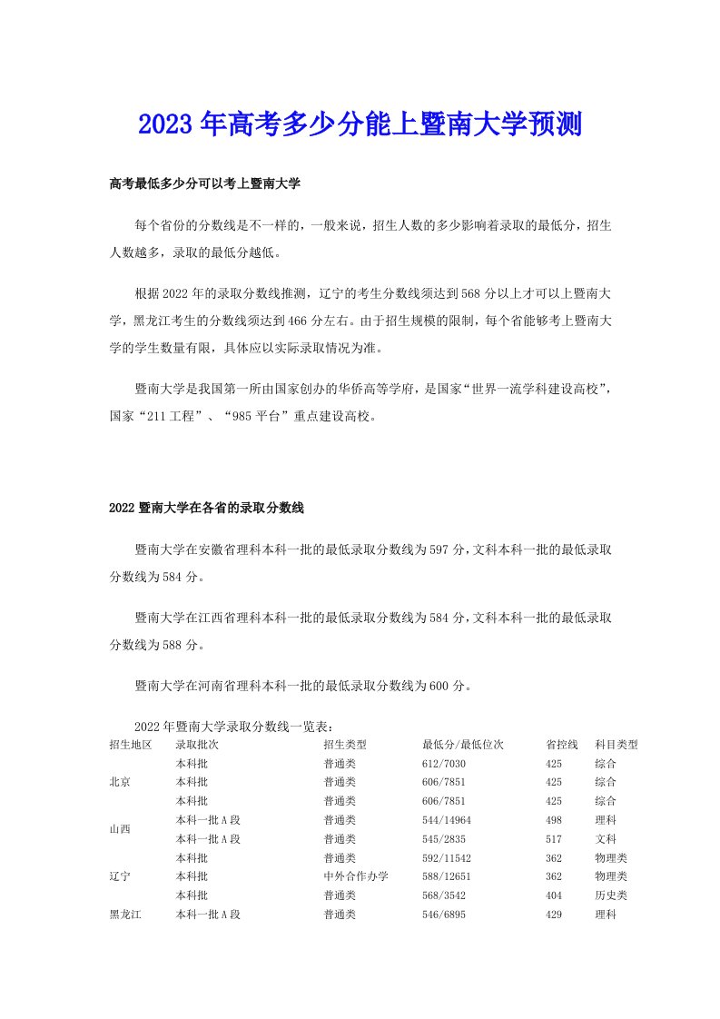 2023年高考多少分能上暨南大学预测