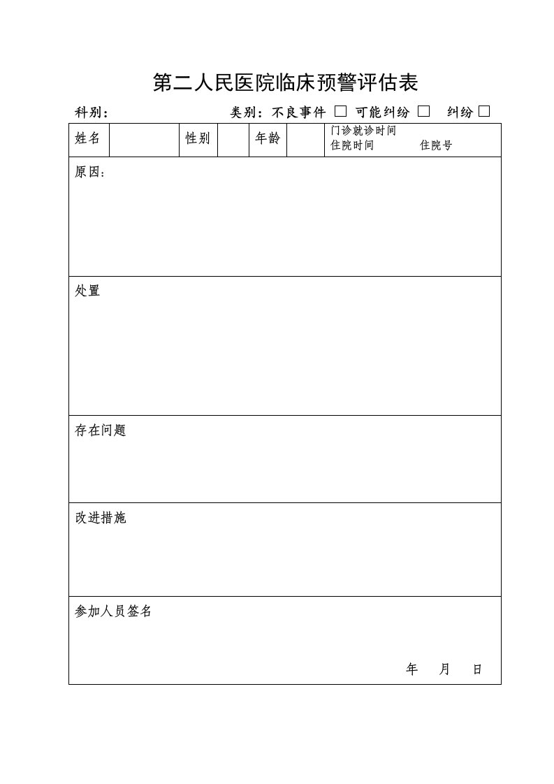 医院临床预警评估表、医疗纠纷预警登记记录