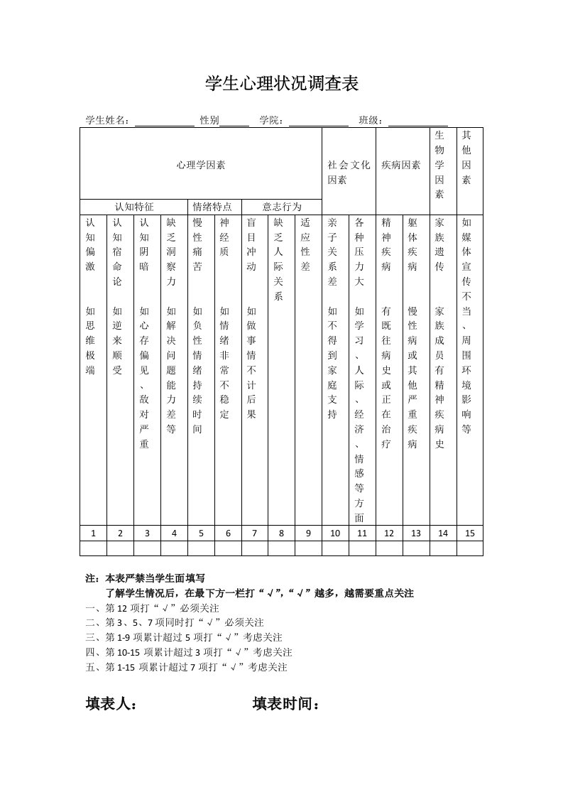 学生心理状况调查表