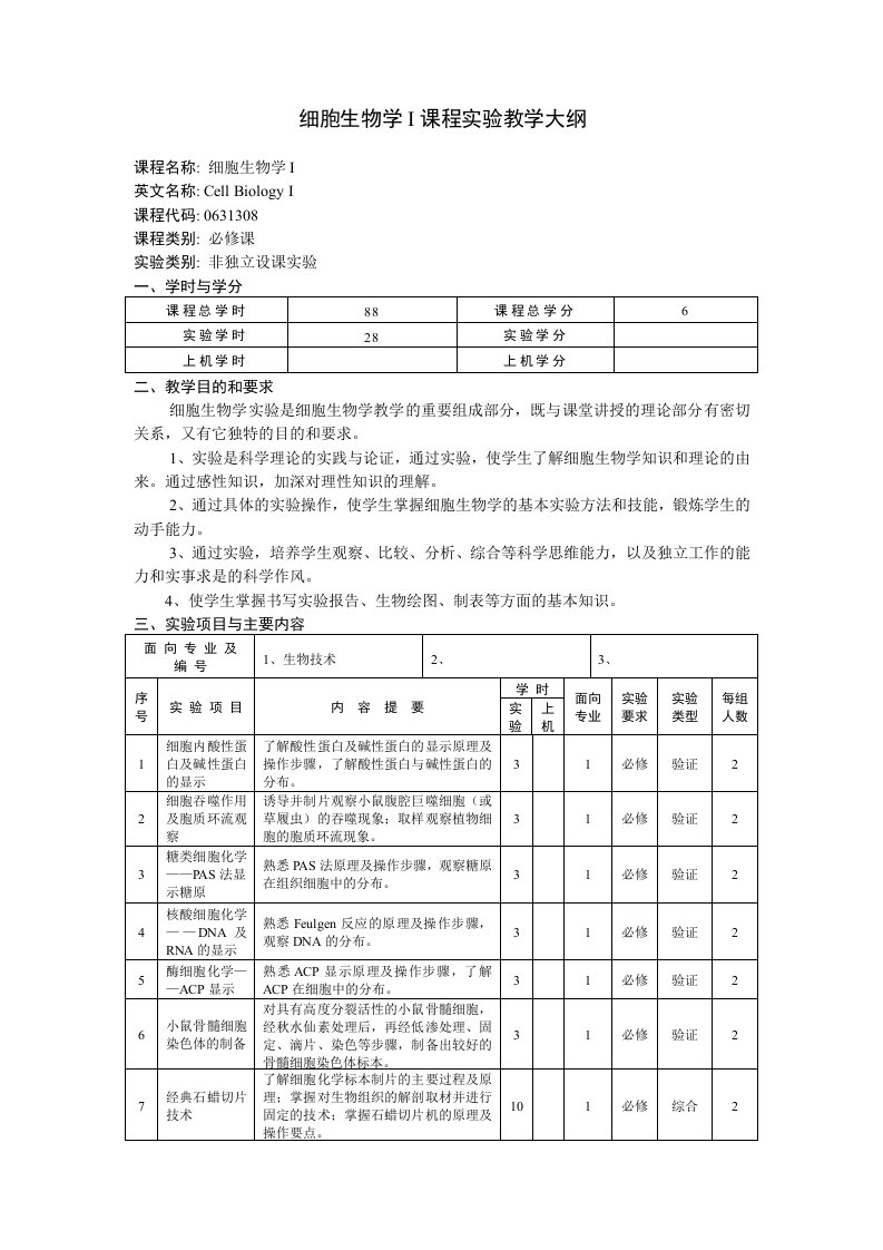 细胞生物学i课程实验教学大纲