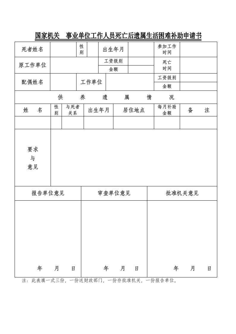 国家机关事业单位工作人员死亡后遗属生活困难补助申请书