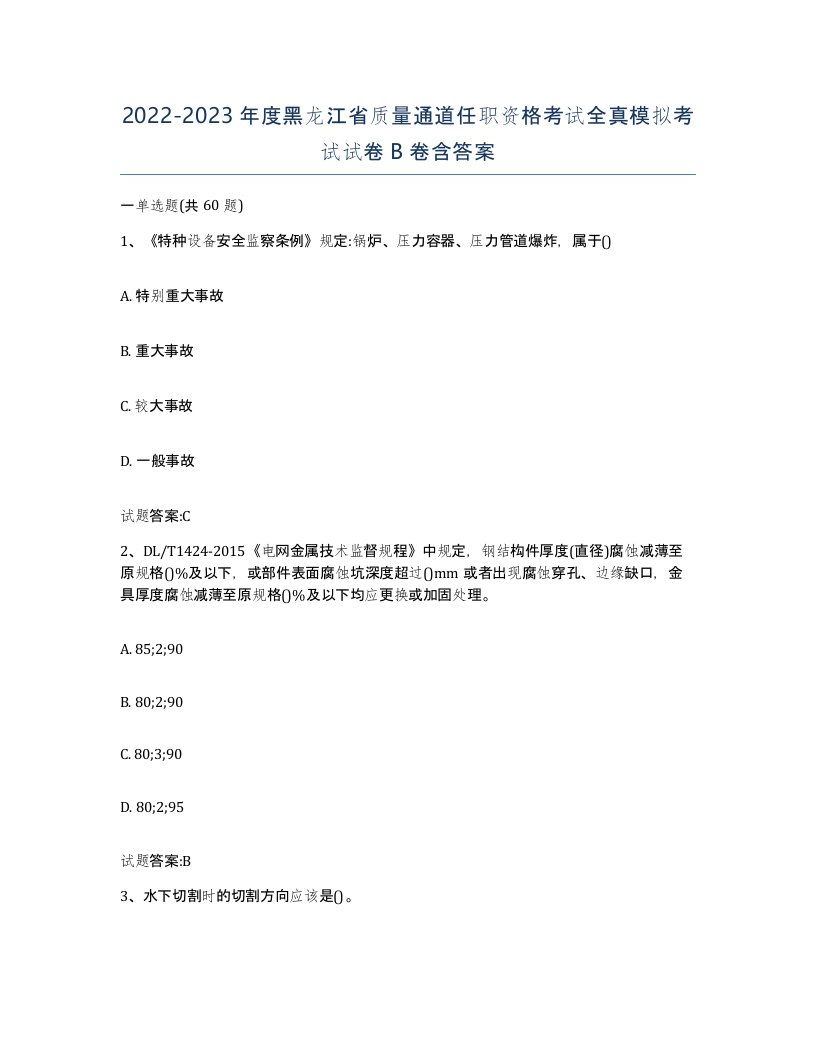 20222023年度黑龙江省质量通道任职资格考试全真模拟考试试卷B卷含答案