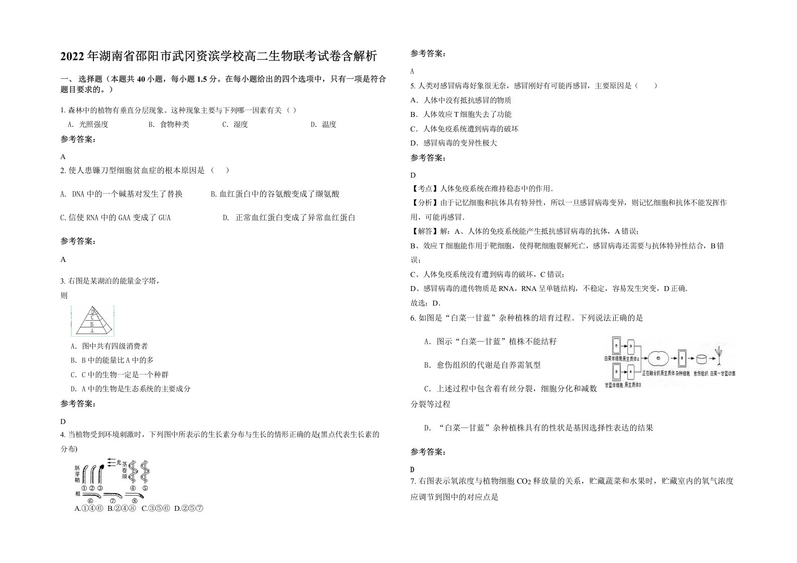 2022年湖南省邵阳市武冈资滨学校高二生物联考试卷含解析