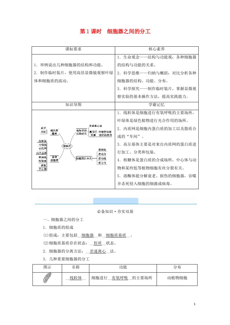 2021_2022学年新教材高中生物第3章细胞的基本结构第2节第1课时细胞器之间的分工学案新人教版必修1