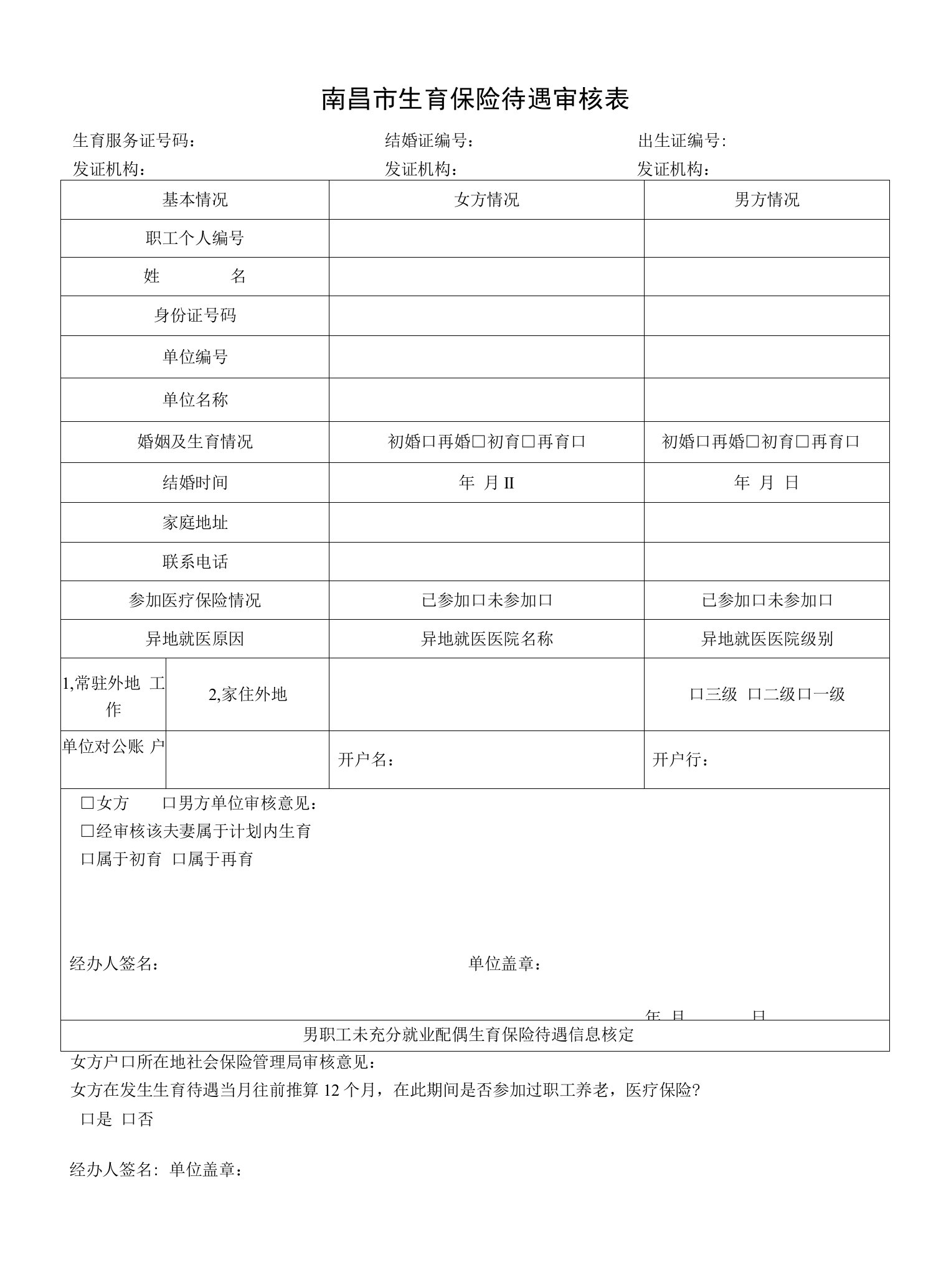 南昌市生育保险待遇审核表