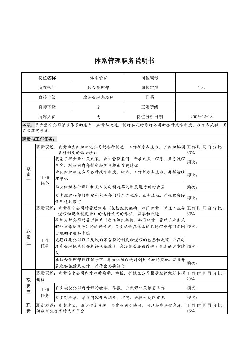 湖北新丰化纤公司综合管理部体系管理职务说明书