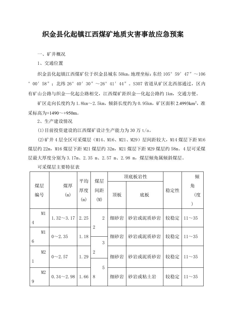 煤矿地质灾害事故应急预案