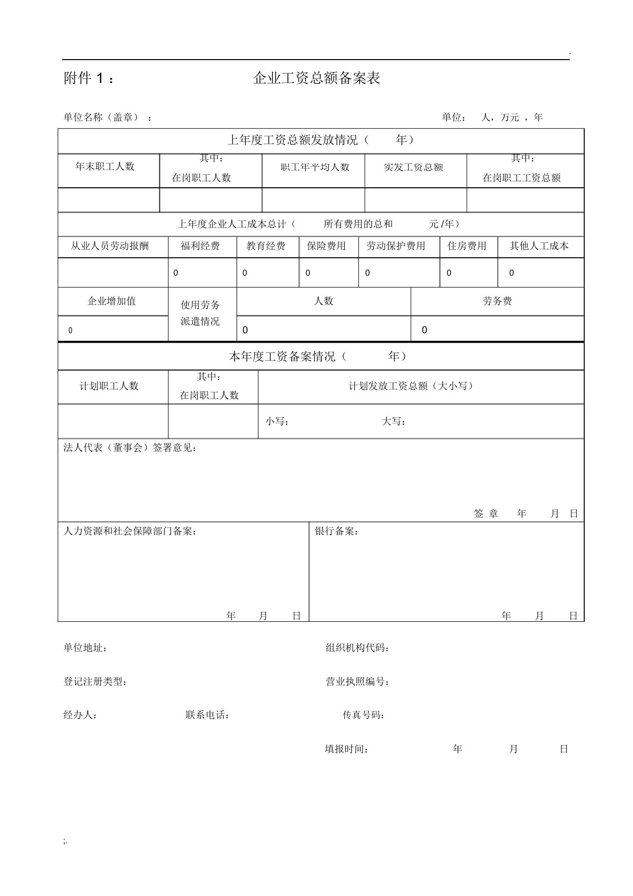 企业工资总额备案表