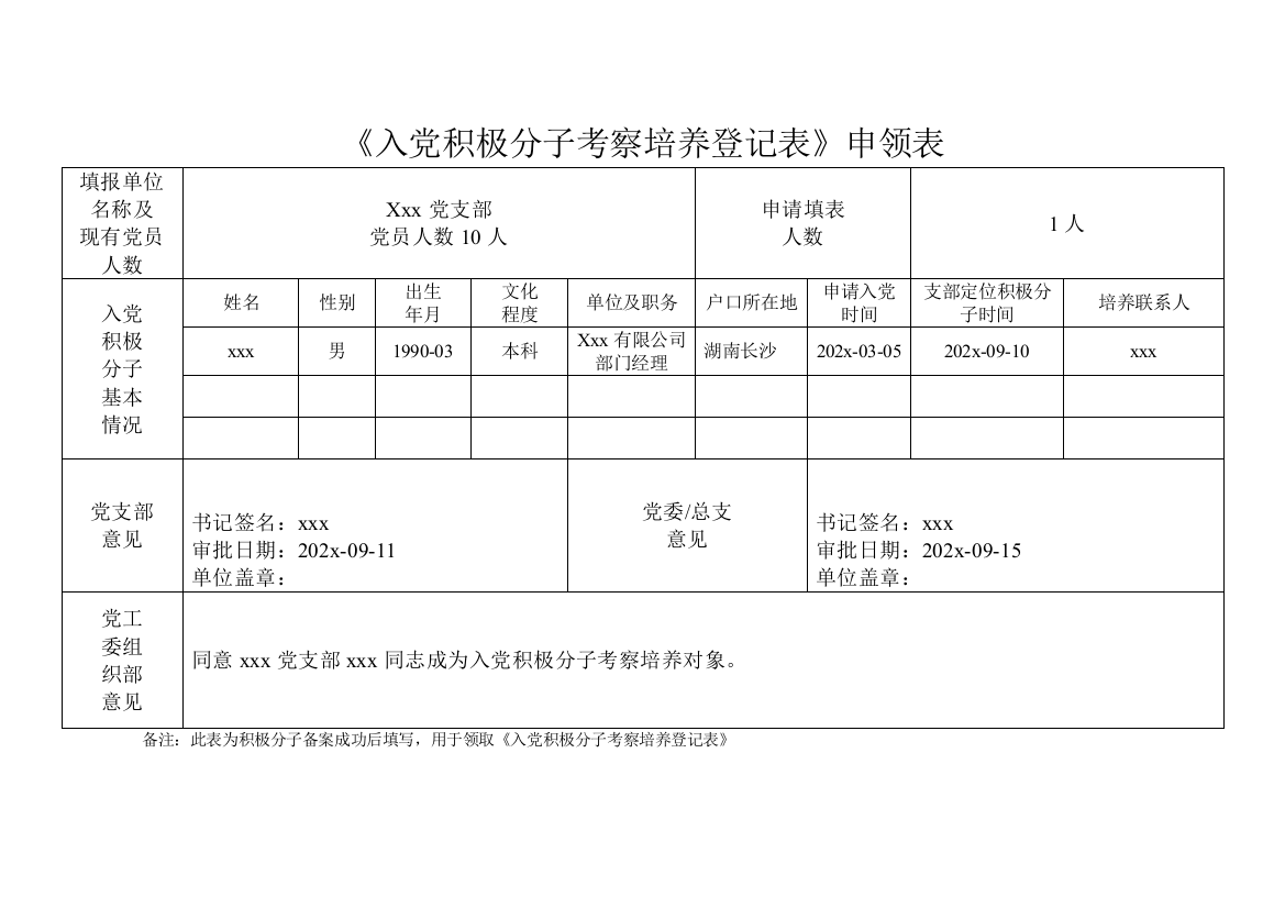 入党积极分子考察培养登记申领表