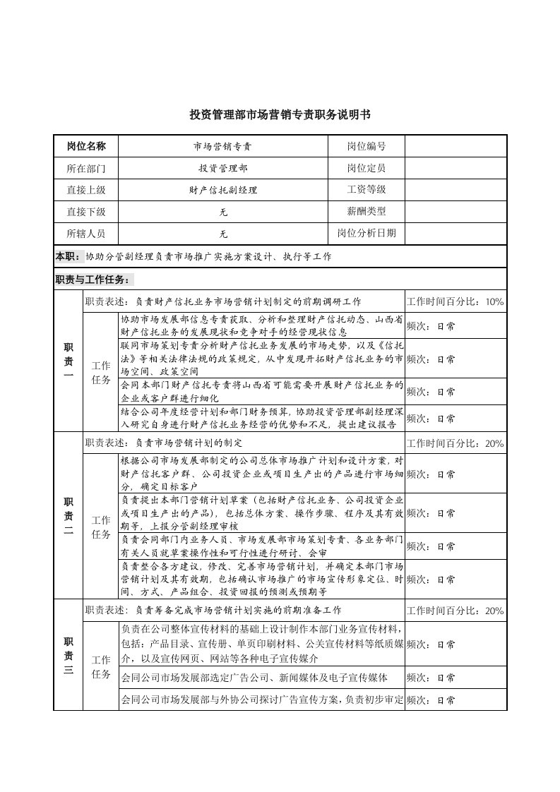 精选信托投资公司投资管理部市场营销专责职务说明书