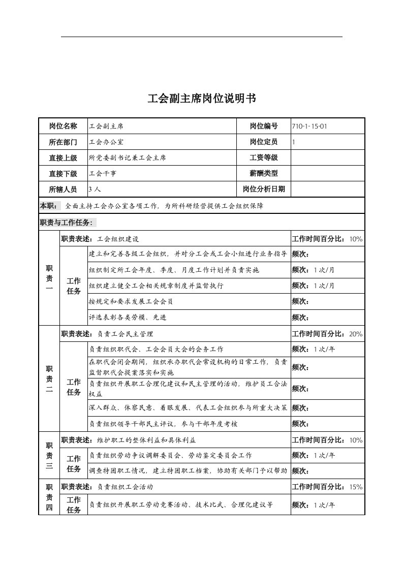 中船重工研究所工会副主席岗位说明书