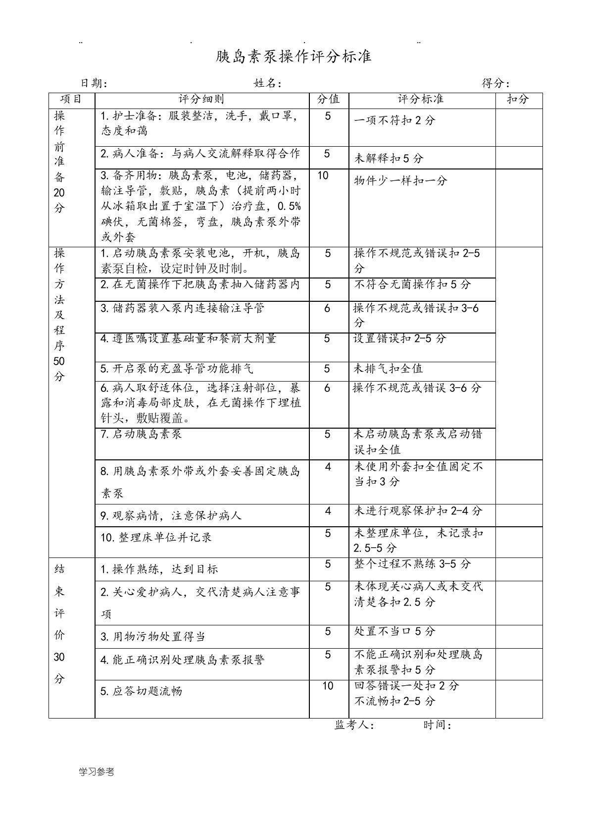 胰岛素泵操作评分标准[详]