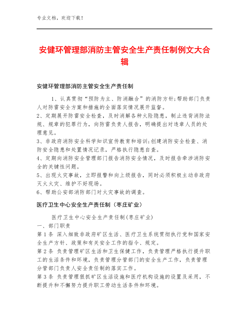 安健环管理部消防主管安全生产责任制例文大合辑