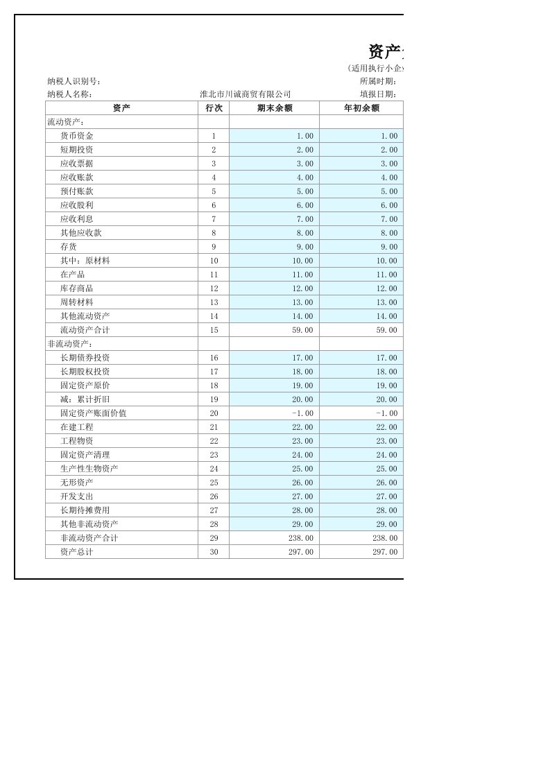 财务报表(小企业)导入模板