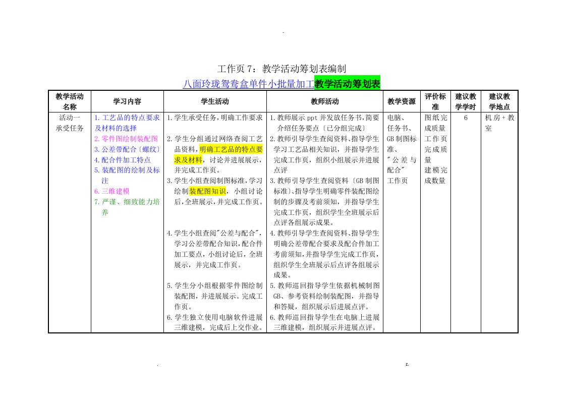 数控专业一体化教学活动策划表