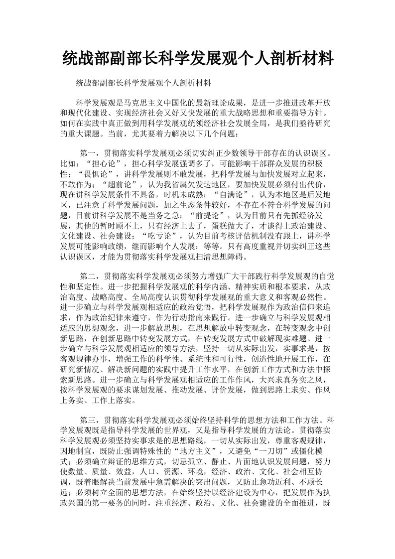 统战部副部长科学发展观个人剖析材料