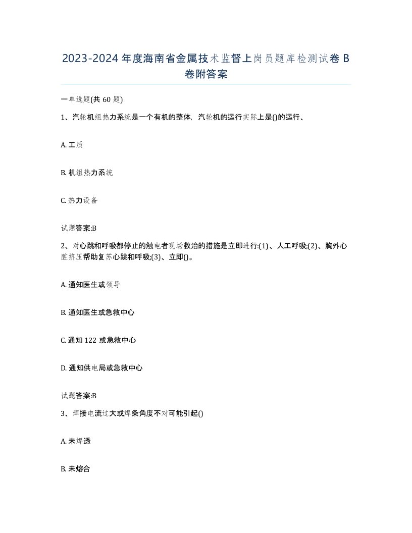 20232024年度海南省金属技术监督上岗员题库检测试卷B卷附答案