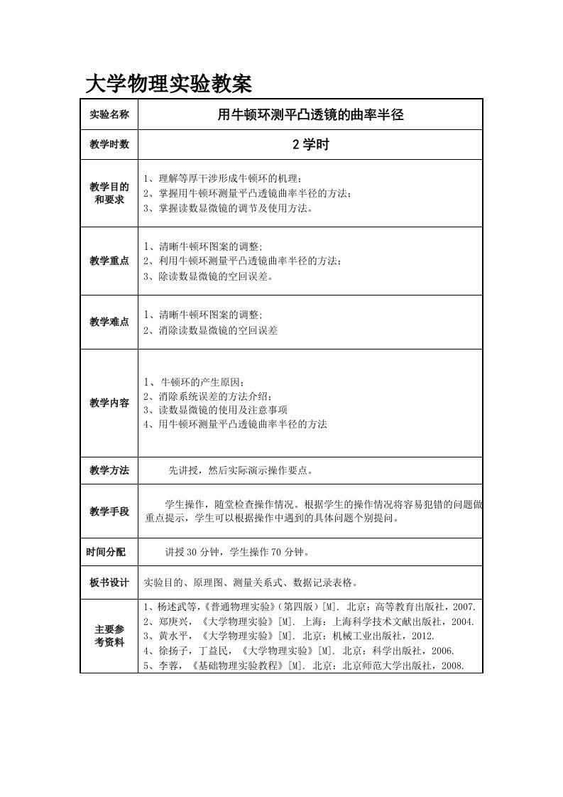 大学物理实验教案-用牛顿环测平凸透镜的曲率半径