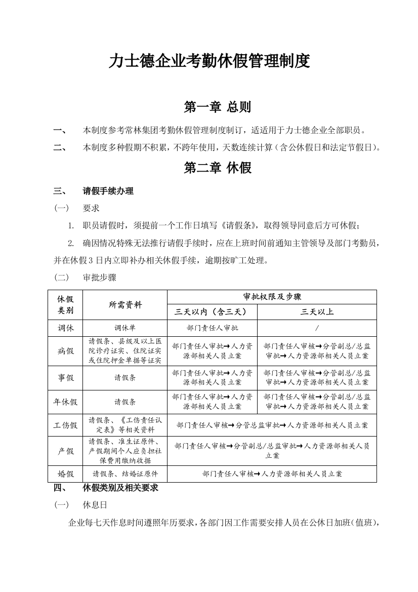 力士德公司休假考勤管理核心制度